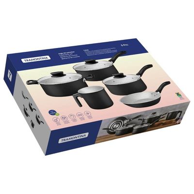 Jogo de Panelas Tramontina Preto 5 Peças Linz Aluminio Antiaderente Starflon Max Tampa de Vidro