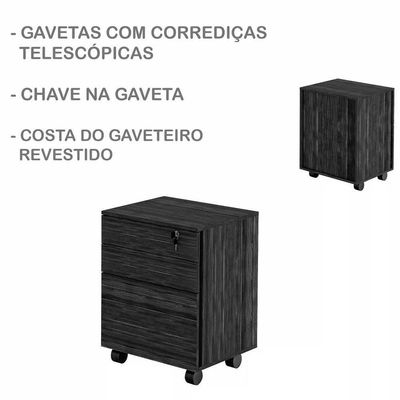 Gaveteiro Para Escritório 3 Gavetas Com Chave E Rodízios Preto