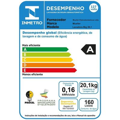 Lavadora De Roupas Semiautomática 20,1kg Mueller Big Branco 110V