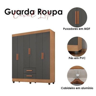 Guarda Roupa Casal Lite 6 Portas Nature Cinza – Móveis Leão
