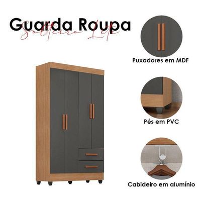 Guarda Roupa Solteiro Lite 4 Portas Nature Cinza – Móveis Leão