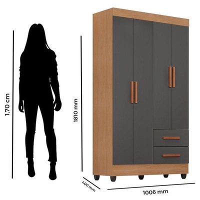 Guarda Roupa Solteiro Lite 4 Portas Nature Cinza – Móveis Leão