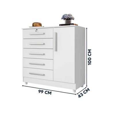 Cômoda Grande 5 Gavetas 1 Porta Com Chave Elegante Branco Repleta Branco
