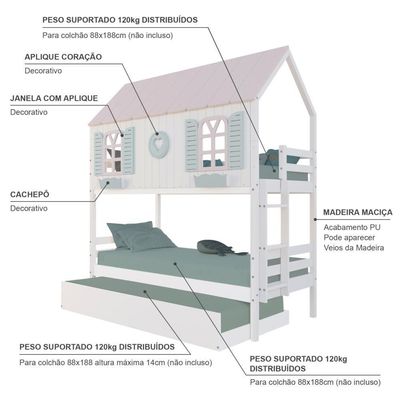 Treliche Casinha Bela Com Coração Madeira Maciça Branco/rosa/verde Housin