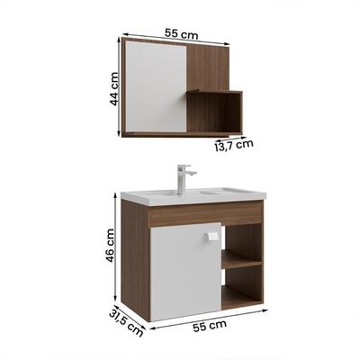 Gabinete Armário Para Banheiro Bia Com Cuba E Espelheira Amendoa/branco