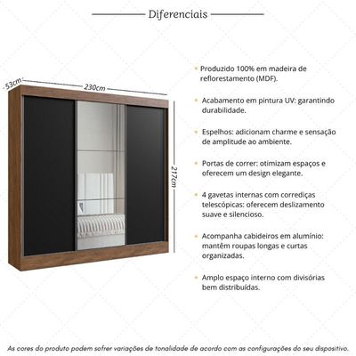 Guarda-roupa Casal Com Espelhos 3 Portas De Correr 4 Gavetas Multimóveis Cr35385 Castanho-Preto