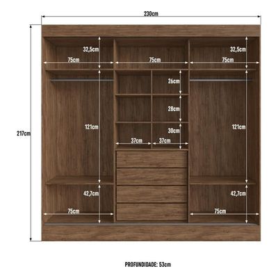 Guarda-roupa Casal Com Espelhos 3 Portas De Correr 4 Gavetas Multimóveis Cr35385 Castanho-Preto