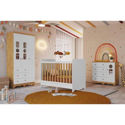 Quarto Infantil Completo 3 Peças (1GuardaRoupa+1Berço+1Cômoda) QI124 Branco/Amendoa - Peroba
