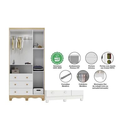 Quarto Infantil Completo 3 Peças (1GuardaRoupa+1Berço+1Cômoda) QI124 Branco/Amendoa - Peroba