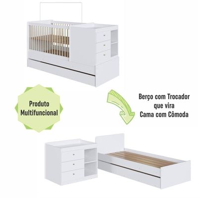 Berço Infantil Multifuncional Menino Menina 194cm Com Cômoda, Trocador E Cama Auxiliar Branco