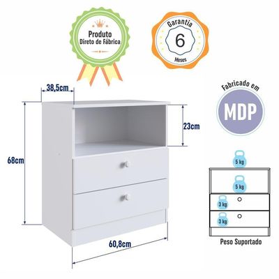 Cômoda Infantil Organizadora 2 Gavetas Com Nicho 60,8cm Para Quarto De Bebê Branca
