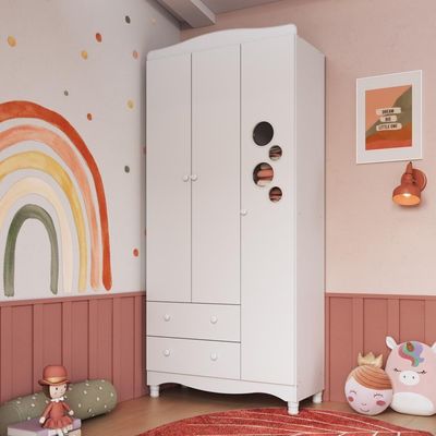 Guarda-roupa Infantil 3 Portas E 2 Gavetas Com Nichos E Cabideiro Para Quarto De Bebê Branco