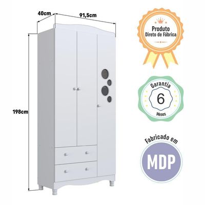 Guarda-roupa Infantil 3 Portas E 2 Gavetas Com Nichos E Cabideiro Para Quarto De Bebê Branco