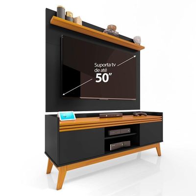 Painel Ripado Com Rack Tv 50 Polegadas 136cm Monaco - Preto E Cedro