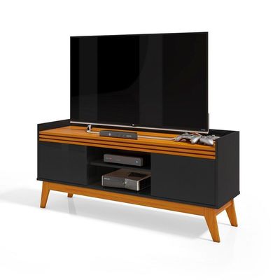 Painel Ripado Com Rack Tv 50 Polegadas 136cm Monaco - Preto E Cedro