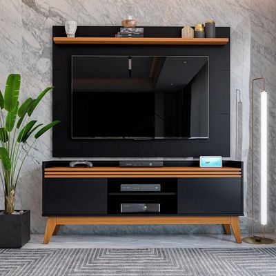 Painel Ripado Com Rack Tv 50 Polegadas 136cm Monaco - Preto E Cedro