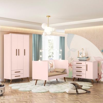 Conjunto Infantil Retrô Rosa Quasar: Berço Quasar Mini Cama + Guarda-roupa Quasar + Cômoda Quasar