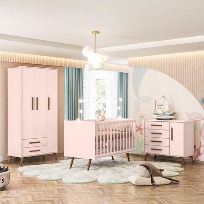 Conjunto Infantil Retrô Rosa Quasar: Berço Quasar Mini Cama + Guarda-roupa Quasar + Cômoda Quasar