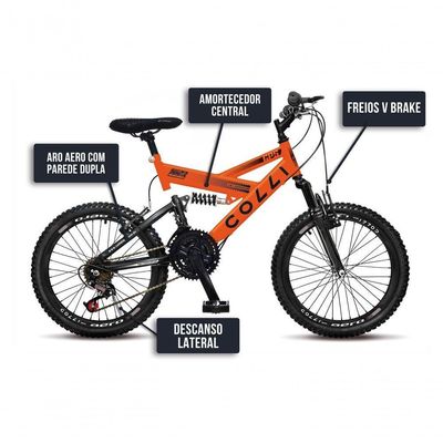 Bicicleta Gps Aro 20 Dupla Suspensão 21 Marchas Colli Laranja Neon