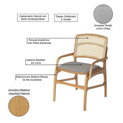 Jogo 4 Cadeiras de Jantar Florença Jequitibá Natural Linho Cinza