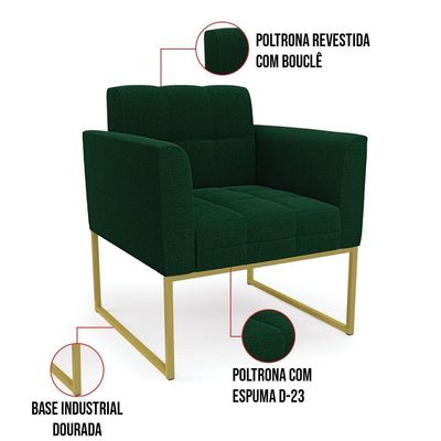 Poltrona Decorativa Industrial Dourado Kit 2 Elisa Bouclê Verde D03 - DRossi