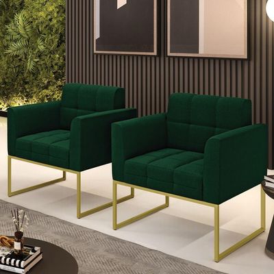 Poltrona Decorativa Industrial Dourado Kit 2 Elisa Bouclê Verde D03 - DRossi