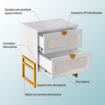 Mesa De Cabeceira Titanium Estilo Industrial Com Pés De Ferro - Branco - Dourado