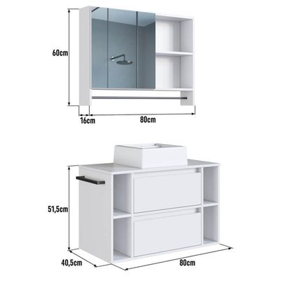 Espelheira E Gabinete Suspenso Com Cuba 80cm Branco Proddy