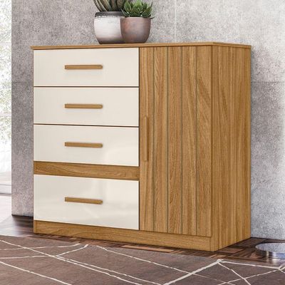 Comoda Venus 4 Gavetas 1 Porta 98 Cm Freijo Off White Friso Moval
