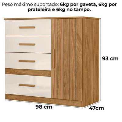 Comoda Venus 4 Gavetas 1 Porta 98 Cm Freijo Off White Friso Moval