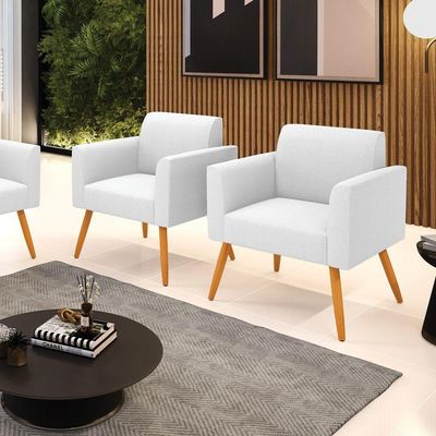Poltrona Sala Estar Pé Palito Castanho Kit 2 Marisa Bouclê Off White D03 - DRossi