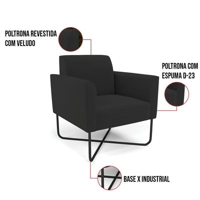 Poltrona Base X Industrial Preto Marisa Veludo Preto