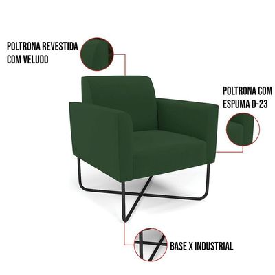 Poltrona Base X Industrial Preto Marisa Veludo Verde