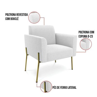 Poltrona Sala Estar Pé Ferro Dourado Kit 2 Marisa Bouclê Off White D03 - DRossi