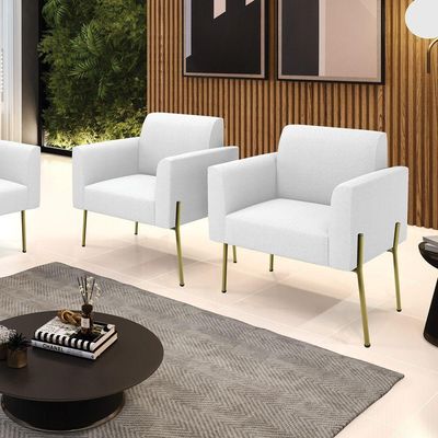 Poltrona Sala Estar Pé Ferro Dourado Kit 2 Marisa Bouclê Off White D03 - DRossi