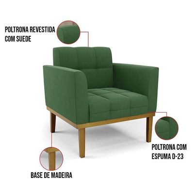 Poltrona Base De Madeira Fixa Castanho Kit 2 Elisa Suede Verde D03 - DRossi