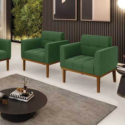 Poltrona Base De Madeira Fixa Castanho Kit 2 Elisa Suede Verde D03 - DRossi