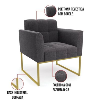 Namoradeira E 2 Poltronas Industrial Dourado Elisa Bouclê Grafite D03 - DRossi