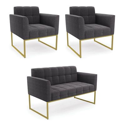 Namoradeira E 2 Poltronas Industrial Dourado Elisa Bouclê Grafite D03 - DRossi