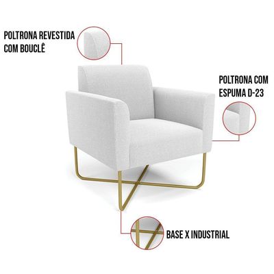 Poltrona Sala Base X Industrial Dourado Kit 2 Marisa Bouclê Off White D03 - DRossi