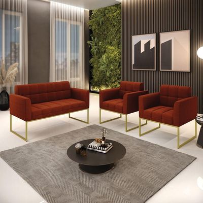 Namoradeira E 2 Poltronas Industrial Dourado Elisa Bouclê Terra D03 - DRossi