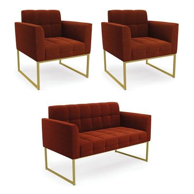 Namoradeira E 2 Poltronas Industrial Dourado Elisa Bouclê Terra D03 - DRossi