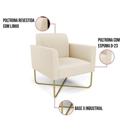 Poltrona Base X Industrial Dourado Marisa Linho D03 - DRossi A19 Bege