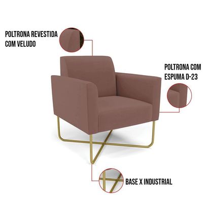 Kit 2 Poltronas Base X Industrial Dourado Marisa Veludo Rose