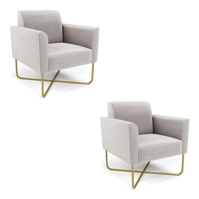 Kit 2 Poltronas Base X Industrial Dourado Marisa Veludo Cinza