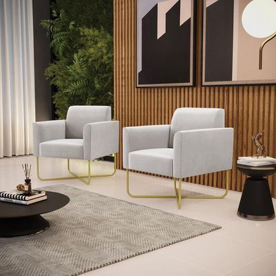 Kit 2 Poltronas Base X Industrial Dourado Marisa Veludo Cinza