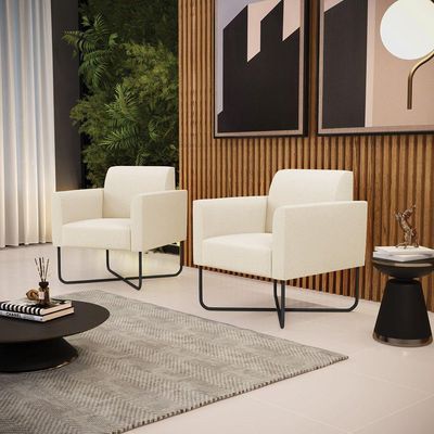 Kit 2 Poltronas Base X Industrial Preto Marisa Linho Bege A19 D03 - DRossi
