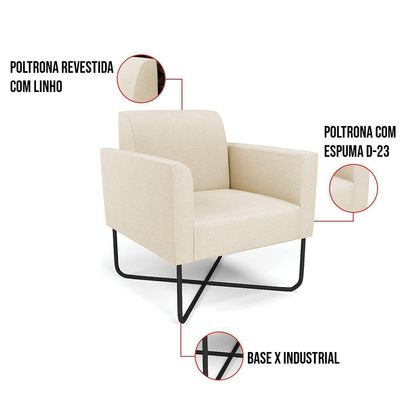 Kit 2 Poltronas Base X Industrial Preto Marisa Linho Bege A19 D03 - DRossi