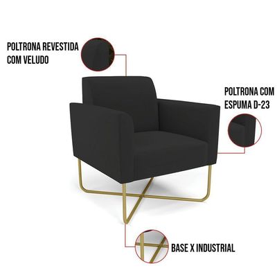 Kit 2 Poltronas Base X Industrial Dourado Marisa Veludo Preto