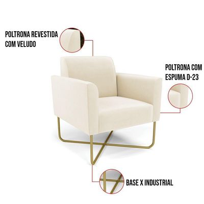 Kit 2 Poltronas Base X Industrial Dourado Marisa Veludo Bege